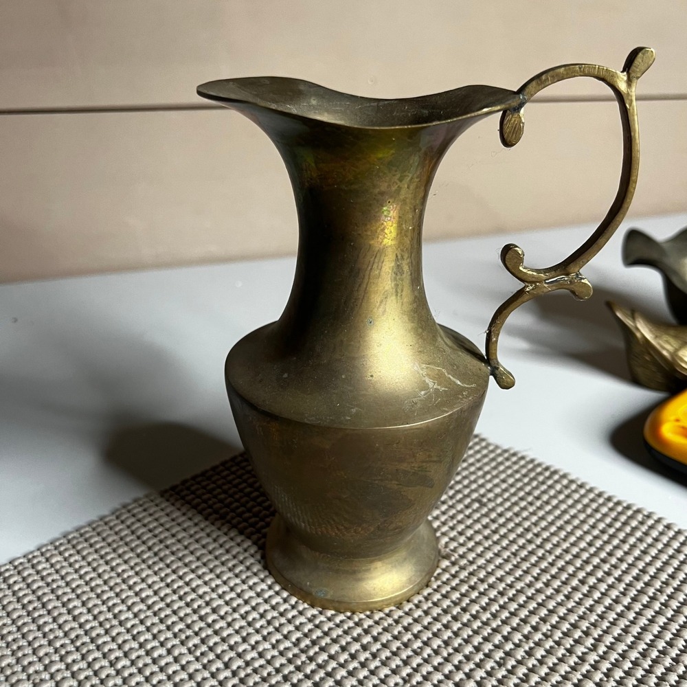 Vintage Solid Brass Pitcher Ornate Scrolled Handle Etched Decorative Vase 7.5in